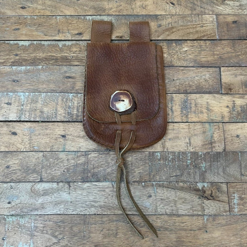 Unisex Handmade Leather Belt Pouch With Wooden Button Toggle Closure 5 x 7"